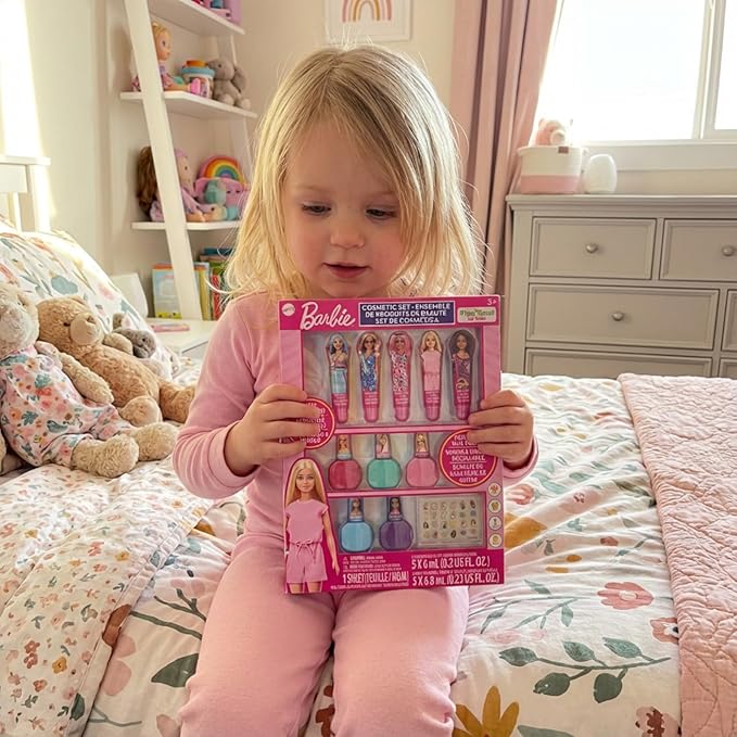 Barbie Cosmetic Makeup Set for Girls with Super Sparkly Lip Gloss Nail Polish and Nail Stickers 11 Pieces, Perfect for Parties Sleepovers Makeovers, Birthday, Ages by Townley Girl