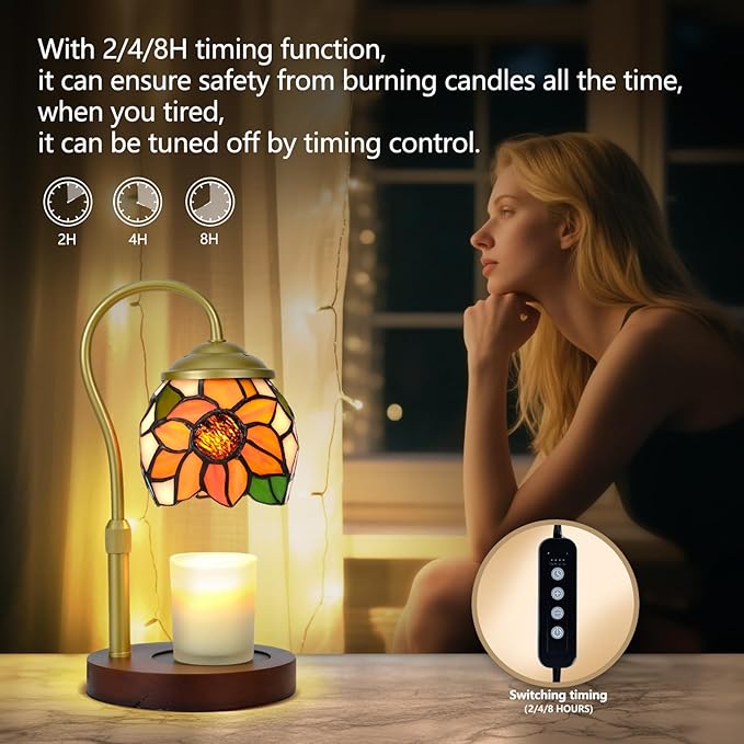 Sunflower Tiffany-Style Candle Warmer Lamp,Handcrafted Stained Glass Home Decor for Living Room, Farmhouse,Wax Melter with LED Bulb.(Sunflower)