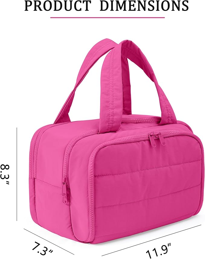 BUZFOWU Travel Toiletry Bag for Women, Large Wide-open Puffy Cosmetic Makeup Bag with Wet-Dry Separation, Multi-Pocket Organizer with Carry Handle for Toiletries, Cosmetics, Essentials, Rose Red