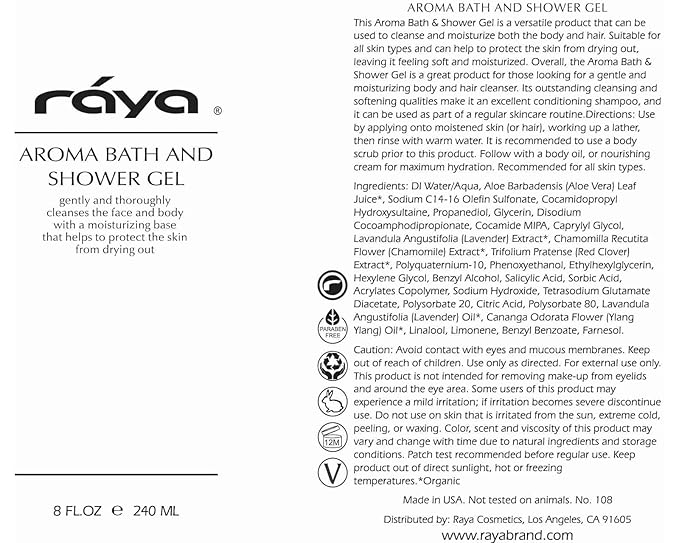 Raya Aroma Bath and Shower Gel 8 oz (108) | Gentle and Moisturizing Body Cleanser | Great for All Skin