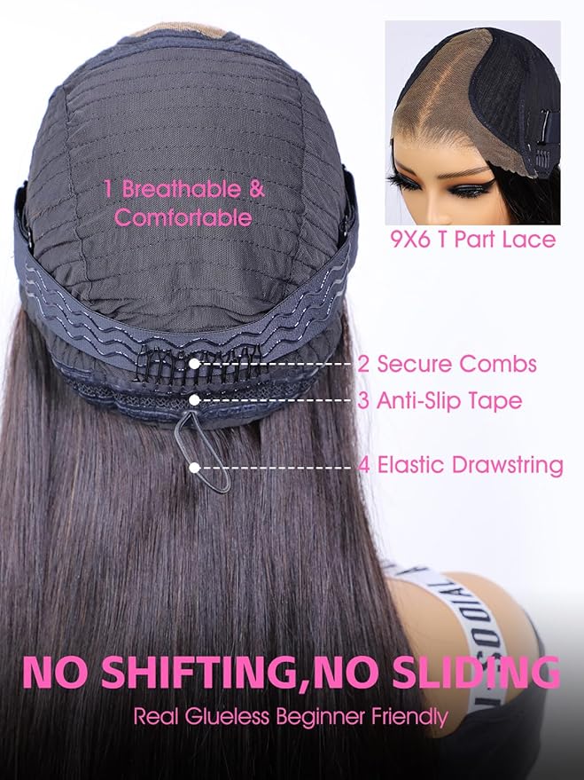 ORIGINAL QUEEN Straight Wear Go Glueless Wigs Human Hair Upgrade 9x6 T-Part Pre Cut Lace Straight Wig Pre-Plucked Flip Over Beginner Friendly with Drawstring 180% Density 20 Inch