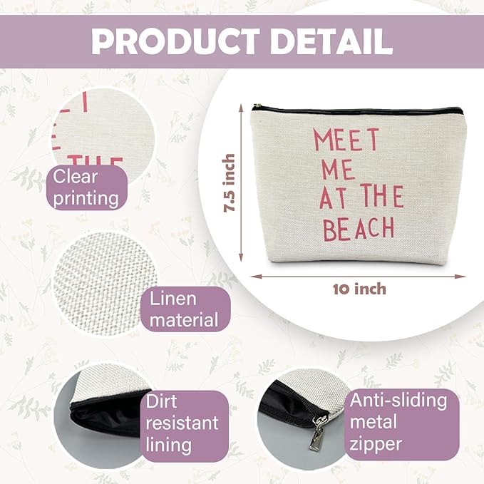 RYYCDOI Beach Makeup Bag, Cosmetic Bags, Meet Me at the Beach, Beach Gifts for Women, Travel Makeup Pouch