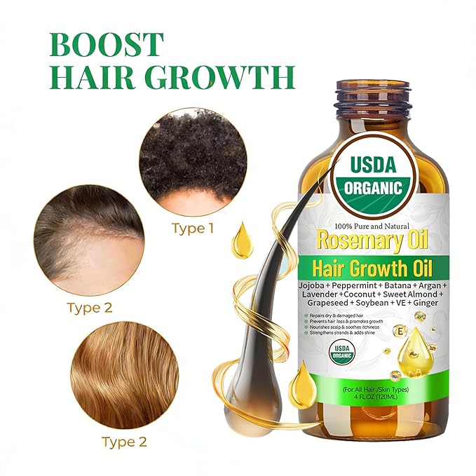 Rosemary Oil for Hair Growth, Organic Hair Oil For Hair Growth USDA Certified Cold Pressed with Castor, Peppermint for Thicker Eyebrows, Scalp Treatment & Repair Damaged Hair – 4 FL OZ