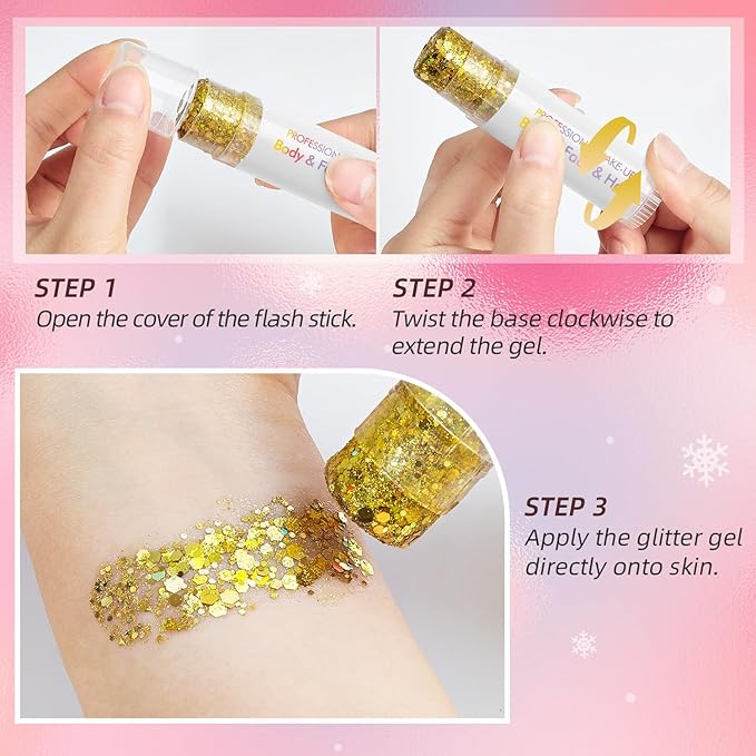 Valentine's Day Body Glitter Stick for Face, Body & Hair - Purple & Gold Chunky Sparkle Glitter, Heart & Star Design Face Gem 2 Pack | Long Lasting Party Makeup for Festival, Rave, Concert & Cosplay