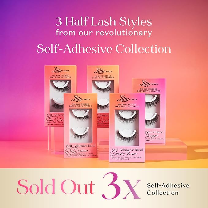 Lilly Lashes Self Adhesive Eyelashes (Half Lashes), No Lash Glue Needed, Body Heat Activated Press on Lashes, Reusable Self Adhesive Eyelashes Up to 5x, Easy to Apply & Remove (DayDreamer)