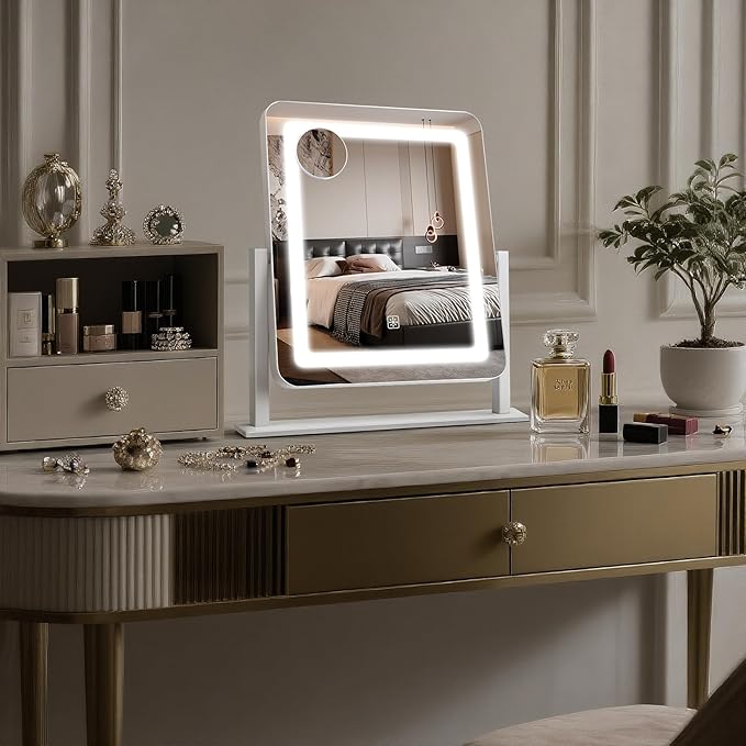 Vanity Mirror with Lights, 12.2"×15" Large LED Makeup Mirror with Light, HD Mirror, Smart Touch with 3-Color Lighting, Dimmable, 360° Rotation, Lighted Up for Vanity Desk Tabletop, Bedroom (White)