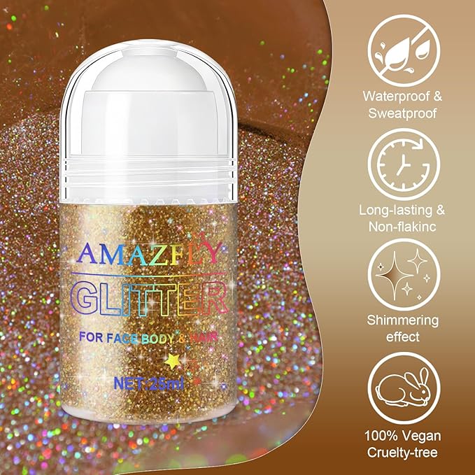 Roll-on Holographic Body Glitter Gel for Body, Hair, Face, Chameleon Color Changing Glitter Gel Under Light, Chunky Mermaid Sequins Festival Party Rave Accessories Shimmer Makeup (Champagne)