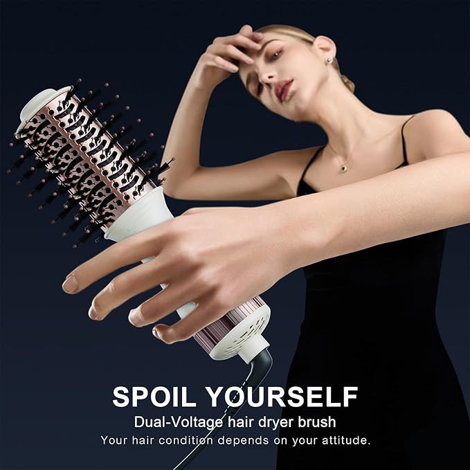 Travel Dual Voltage Hair Dryer Brush 4-IN-1 Portable Mini Hot Air Blow Dryer Straightener & Curler Brush, Titanium Round Blowout Styler Volumizer Tools, 110/240V US/EU/UK Plug for International Travel