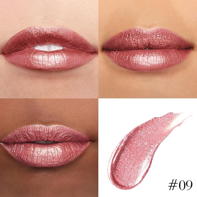 evpct Pine Red Metallic Glitter Lip Liner and Lipstick Combo Lip Gloss Stain Set Makeup for Women Long Lasting Waterproof 24, Warm Pink Metallic Shimmer Frosted Iridescent Shiny Liquid Lipstick 09
