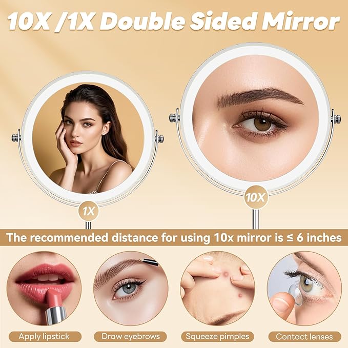 10x/1x Lighted Vanity Makeup Mirror, 2000mAh Rechargeable Height Adjustable Double Sided, Magnifying Mirror with 3 Color Light, Brightness Adjustable, 360° Rotation, Women Gift