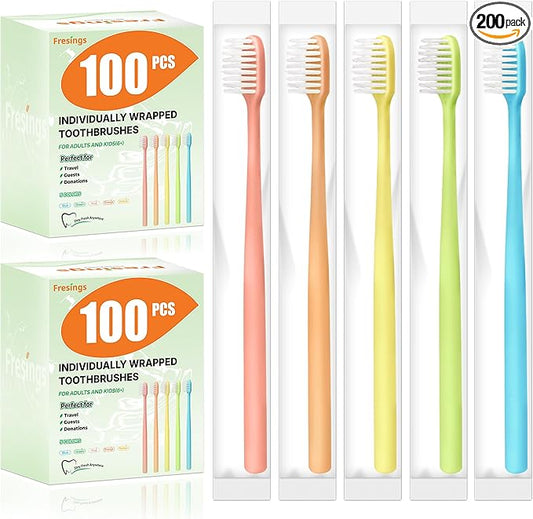 200 Pack Disposable Toothbrushes Bulk – Individually Wrapped Soft Bristles Single Use for Adults & Kids, Travel Hotel Guest Dental Office Donation Emergency Hygiene,Minimalist Design 5 Colors