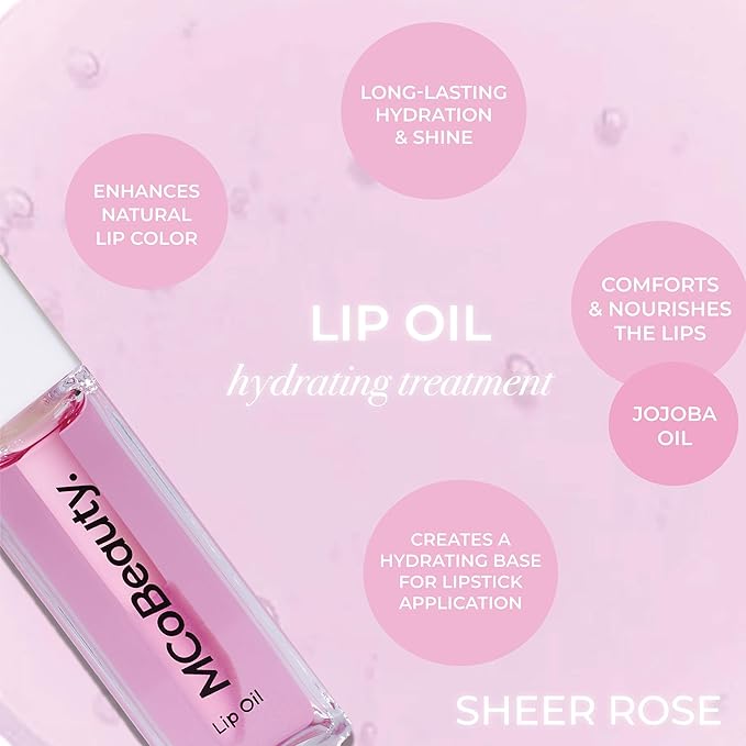 MCoBeauty - Lip Oil Hydrating Treatment - Sheer Rose - Moisturizing Jojoba Oil Lip Gloss - Juicy High-Shine Tinted Lip Glaze for Dry Lips with Doe-Foot Applicator - Cruelty Free Lip Care
