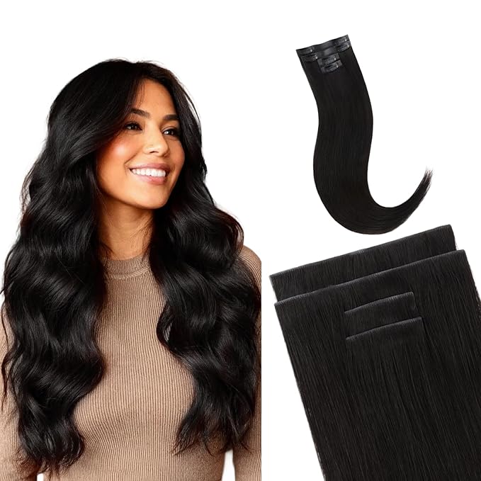 GOO GOO Invisi Edge Clip in Hair Extensions, 20inch 60g 4Pcs, Injected Seamless PU Clip in Hair Extensions, Virgin Real Human Hair, #1B Natural Black
