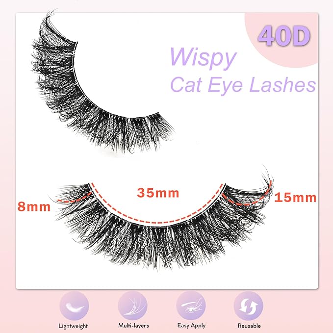 Lashes False Eyelashes Natural Wispy Fake Lash Strips 40D Strip Lash Clusters Cat Eye Volume Mink Eyelash Pack Fluffy Eye Lashes Natural Look Short Cateye Full Pestañas Sets by FenBair