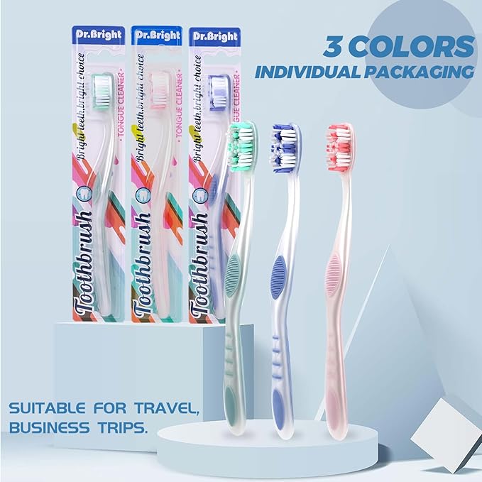 Adult Toothbrushes Medium 6 Pack | Medium Toothbrush for Adults with Tongue Scraper & Ergonomic Handle | Individual Packaging Travel Toothbrush BPA-Free, Assorted Colors