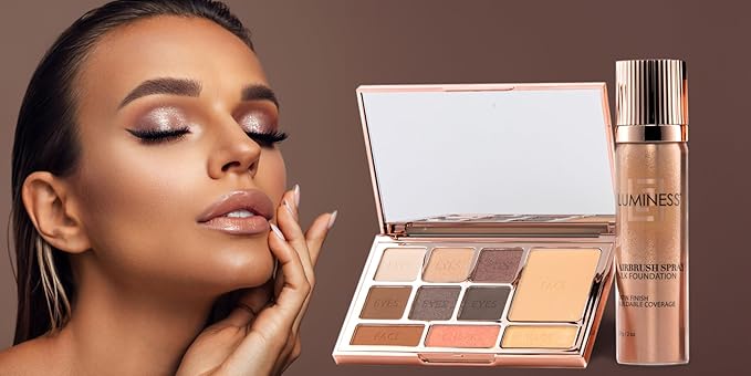 LUMINESS Complete Makeup Kit - Includes Face Palette, Airbrush Foundation, Primer and Brush - Silky, Long-Wearing, Easy to Blend, Perfect Makeup for Older Women, 4-PC Make Up Set (04 - Medium)
