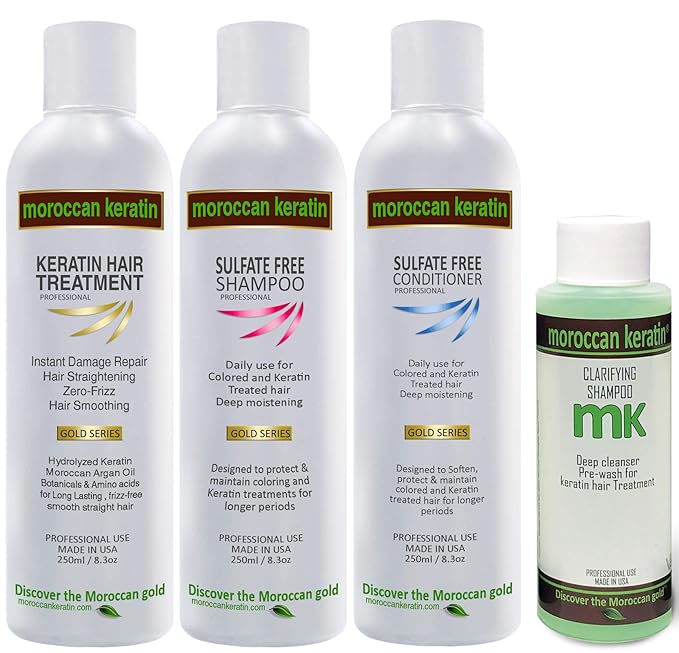 Moroccan Keratin Gold Series Brazilian Keratin Hair Treatment Blowout Smoothing Straightening Hair Professional Salon Grade Long Lasting Natural Organic Results (Large 4 pc set)