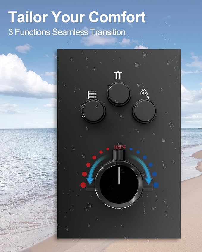 GRANDJOY Thermostatic Shower System, Dual Rainfall Shower Heads for Ceilling & Wall Mounted with Handheld Sprayer, Matte Black