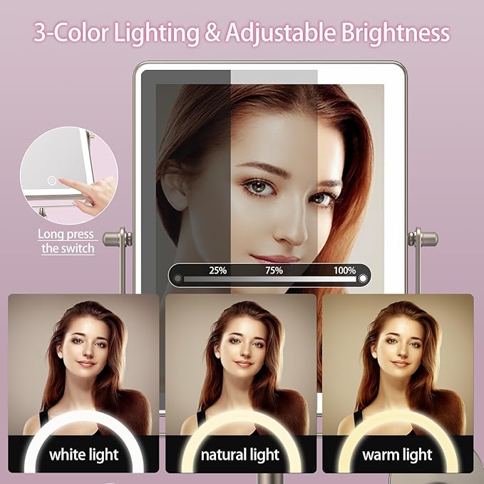 FASCINATE Rechargeable Wall Mounted Makeup Mirror, 8.7" Double Sided Touch Switch 1X 10X Rectangle Magnifying Mirror Wall Mounted, 3 Color Setting, Extended Arm 360° Swivel Foldable Nickel