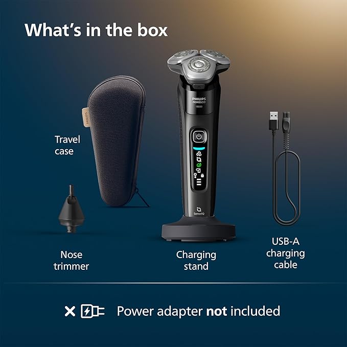 Philips Norelco Shaver i9000, Wet & Dry Electric Shaver, Ink Black, SenseIQ Technology, Triple Lift & Cut System, 360 Rotating Dual SteelPrecision Precision Blades, Nose Trimmer, Model X9000/90