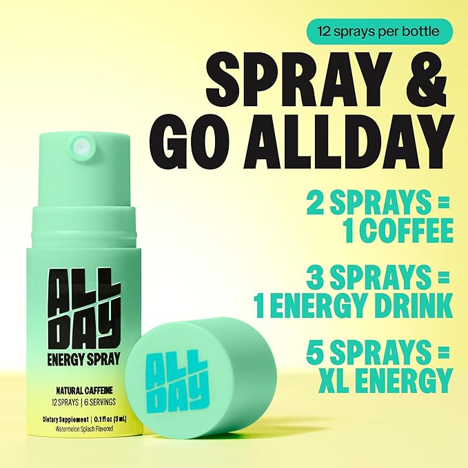 Caffeine Spray, Promotes Focus and Energy (Peach Snap, 8 Bottles, 96 Sprays) | 32mg Natural Caffeine per Spray | Pocket-Size Energy Shot/Drink - Formulated with L-Theanine, Vitamin B12, & Vitamin D