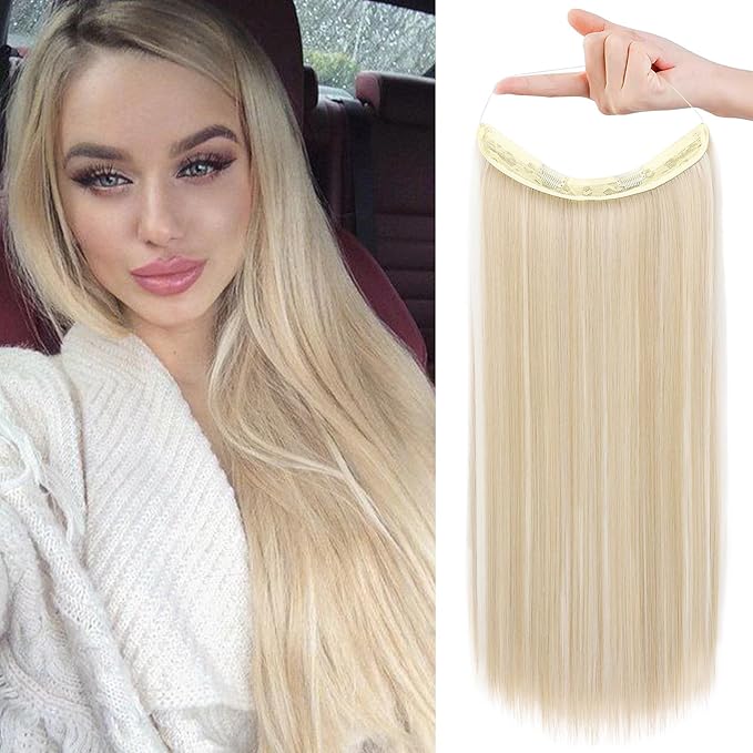 REECHO Invisible Wire Hair Extensions with Transparent Headband Adjustable Size Removable Secure Clips in Straight Secret Hairpiece for Women (20 Inch (Pack of 1), Ash Blonde with Highlights)