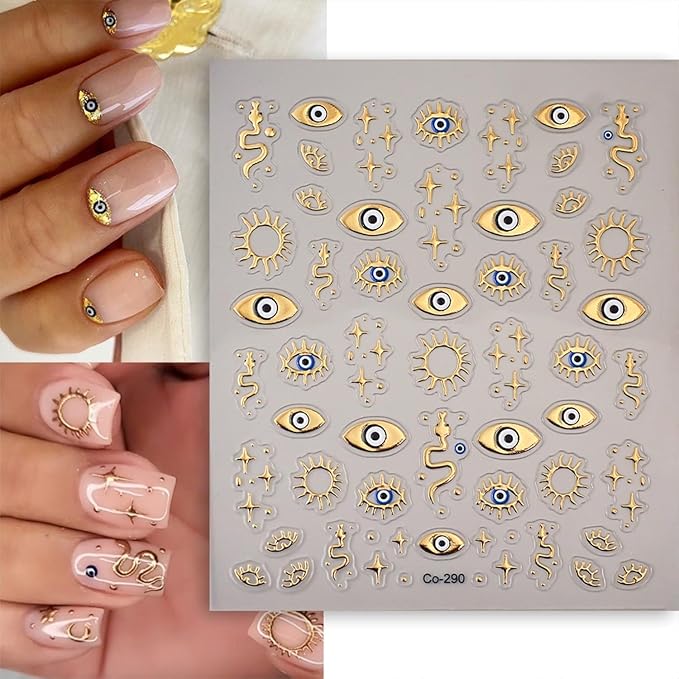 Gold Nail Art Stickers 5D Embossed Star Nail Decals for Nail Art Designs Gold Eyes Nail Stickers Decals Self Adhesive Star Moon Nails Supplies for Women Girls DIY Nail Decorations