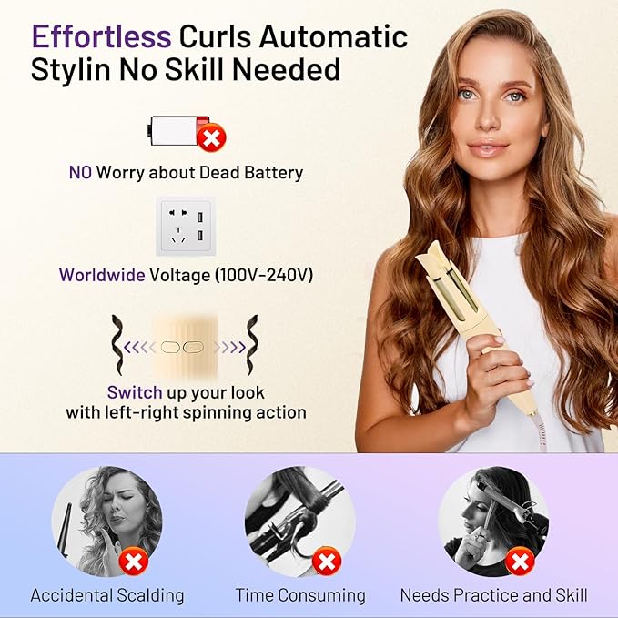 Automatic Hair Curling Iron Automatic Hair Curler Automatic Rotating with 3 Temperature Sets, Anti-Scald, Anti-Tangle Auto Curling Iron Rotating, Yellow