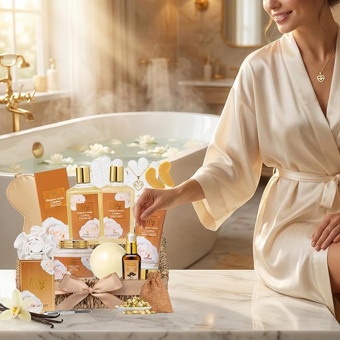 Valentines Day Gifts for Women - 17Pcs Vanilla Bath and Body Gift Basket Set for Women Spa Gift Baskets Spa Kit | Gifts for Christmas, Mothers Day, Birthday Gift, Self Skin Care Gift Sets for Her