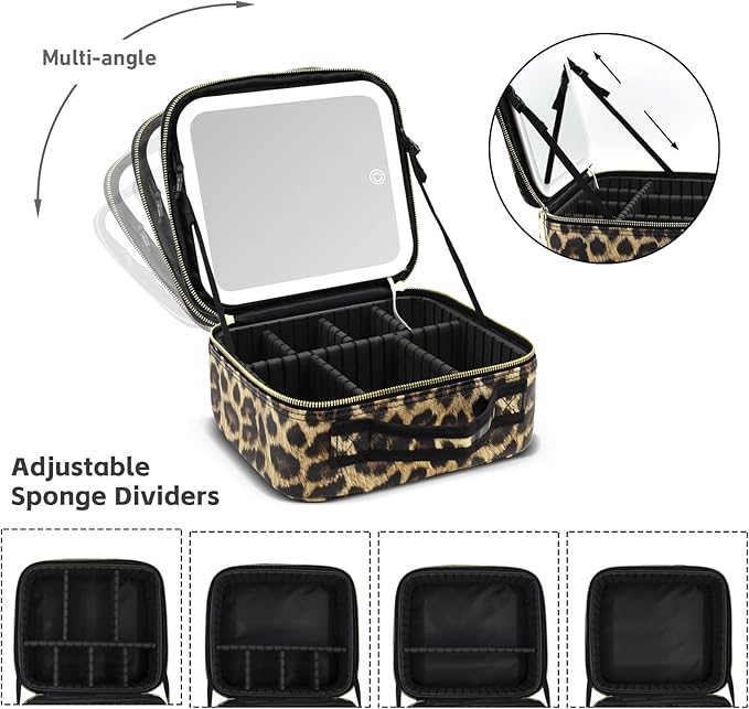 Jadazror Makeup Bag with Light Up Mirror, Lighted Travel Makeup Organizer 3 Colors Adjustable Brightness, Makeup Bag with Mirror and Light, Travel Train Case Portable Cosmetic Bag for Women(Leopard)