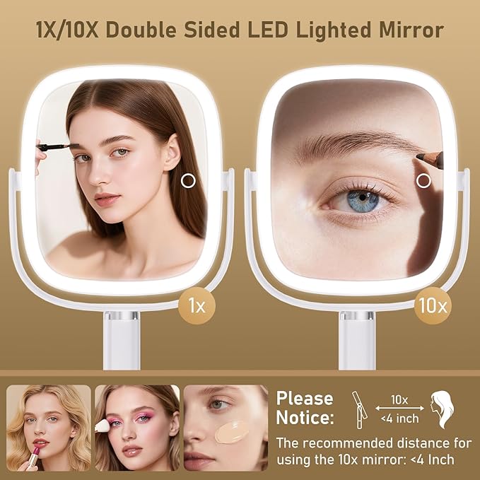 Vanity Mirror with Lights, Rectangular Lighted Makeup Mirror with 3 Color Lights, 1X/10X Magnification, Adjustable Height, 360° Rotation, 4000mAh Rechargeable for Desk, Gifts for Women