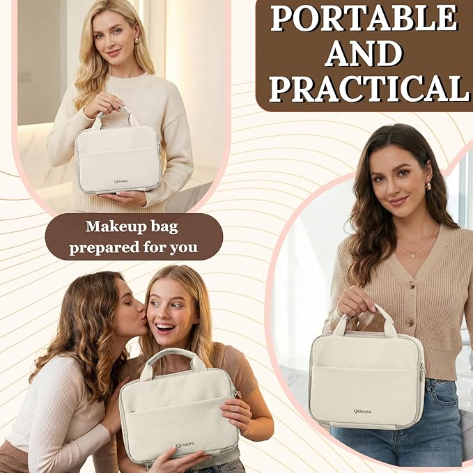 Qeauqsa Makeup Bag Organizer, Large Hanging Toiletry Bag for Women with Leakproof Compartments, Travel Cosmetic Case for Full Sized Toiletries & Brushes Travel Cosmetic Bag Cruise Essentials White