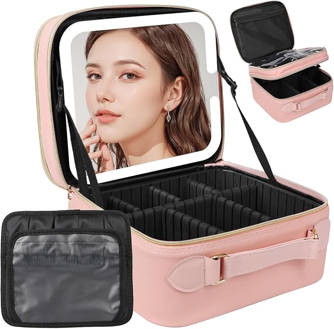 Behaesty Travel Makeup Bag with LED Mirror Double Layer, Detachable Vanity Mirror with Lights, Tri-light Dimmable, Makeup Case with Adjustable Dividers and Brush Holder Cosmetic Organizer Storage Box