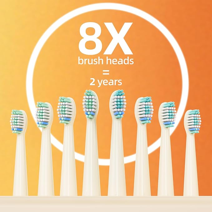 YUNCHI Electric Toothbrush Birthday/Valentine Plastic 8 Heads 24-Mo Deep Cleans Gentle Gums Removes Stains 3Hr USB-C 90d 2-Min Timer/30s IPX7 - Yellow Red