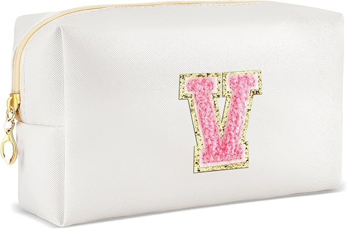 URSKYTOUS Initial Makeup Bag Personalized Preppy Travel Small Cosmetic Bag Cute PU White Chenille Letter Makeup Pouch for Purse Waterproof Zippered Toiletry Organizer for Women Girls Kids Friends (V)