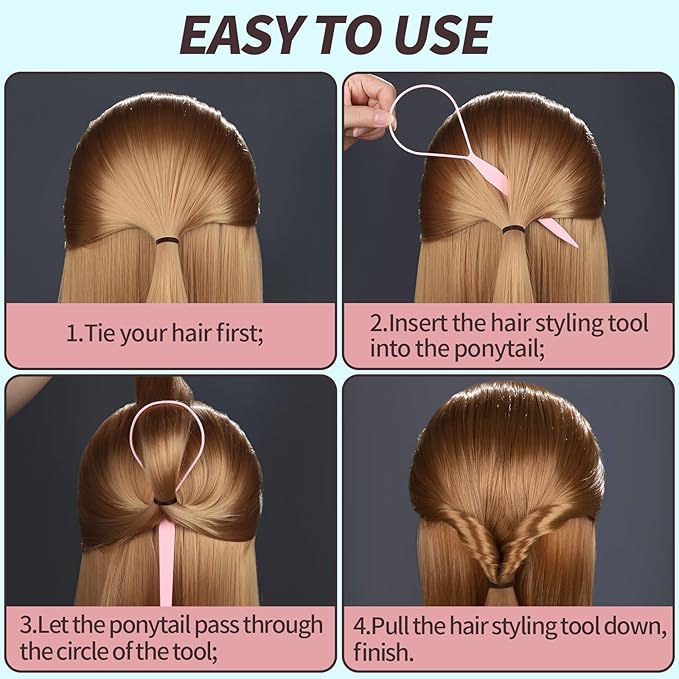 Teenitor 4pcs Pony Hair Tail Tools, 2 Pairs Hair Loop Styling Tool Hair Flipper Pull Through Tool, French Braiding Hair Tool Hair Accessories for Women Girls, Loop Hair Tool, Light Blue/Light Pink