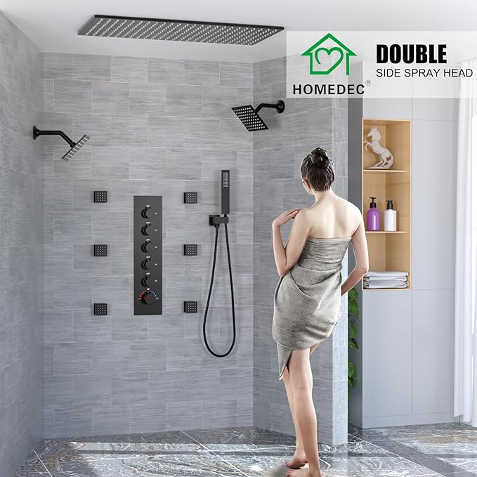 HOMEDEC Dual Side 6" Wall Mounted and 15.7x31.5" Shower Head System, with Handheld and 6 Spray Jets, Ceiling Mount Rain Shower Faucet Set, Black