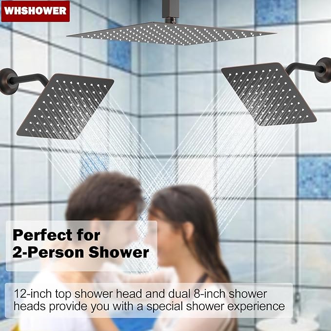 WHSHOWER 12"+8"+8" Triple Shower Heads Shower System Oil Rubbed Bronze Body Jets Shower Set with Handheld Sprayer and Temperature Display Valve,Full Body Shower System