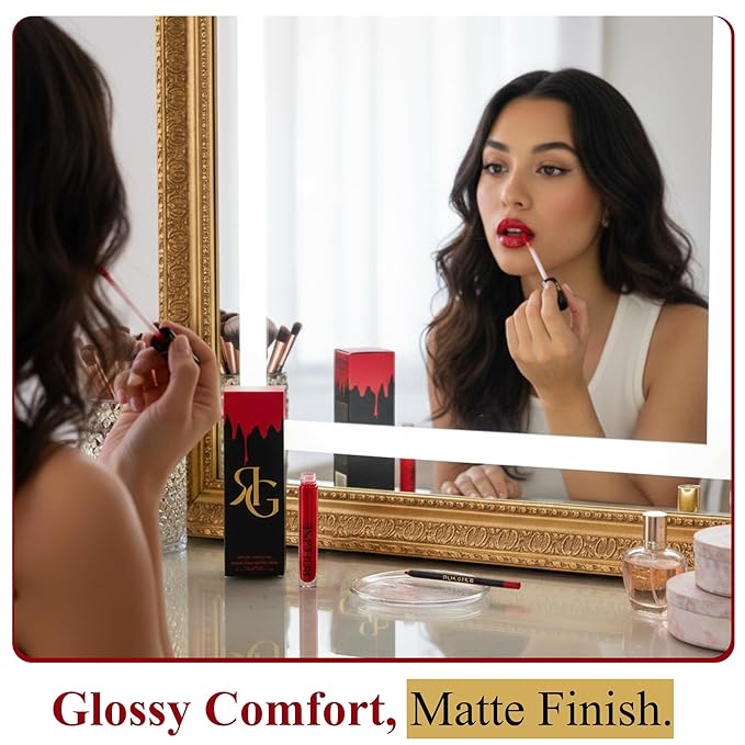 Rougine Liquid Lipstick & Lip Liner Set for Women – Smooth Matte Red Love Shade, Long-Lasting Waterproof Lipstick, Smudge-Resistant Lip Makeup, Soft Glide Liner – Vitamin E & Shea Butter