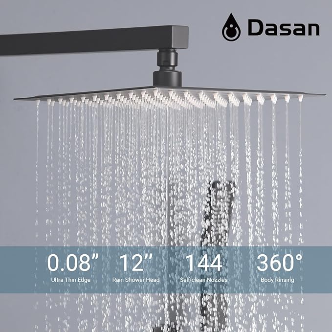 DASAN Full Body Shower System with 6 PCS Body Spray Jets & 12'' Rain Overhead Shower & Handheld, In-Wall Rain Shower System Matte Black Shower Faucets Sets Complete with Valve, SA-SS03AMB-S12W