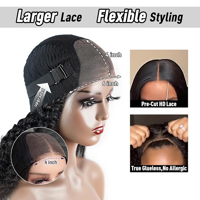 Wear and Go Kinky Curly Glueless Wig Human Hair, 6x4 Pre-Cut HD Lace Glueless Wigs Pre-Plucked, Transparent No Glue Lace Front Closure Wigs for Women 180% Density 22 inch