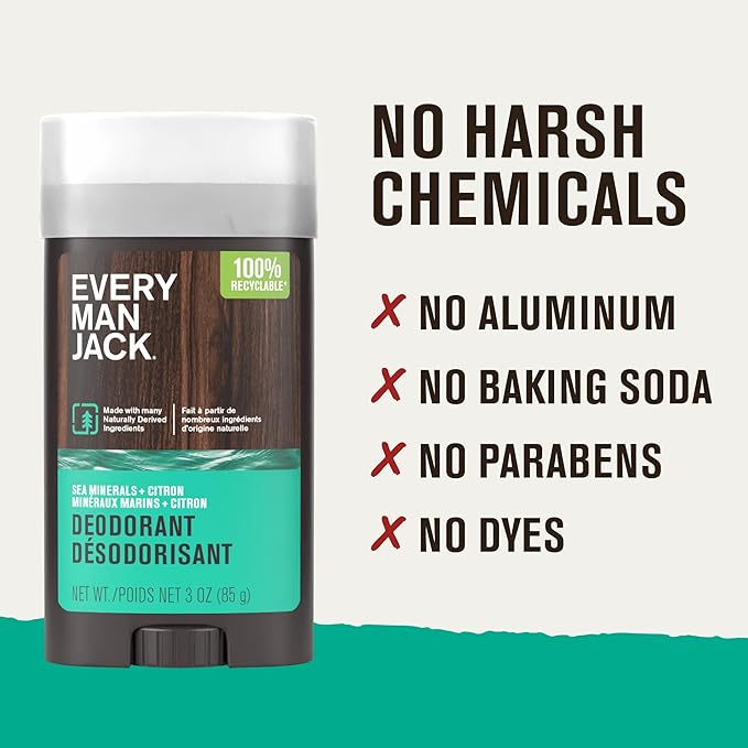 Every Man Jack Sea Minerals + Citron Men’s Deodorant - Stay Fresh with Aluminum Free Deodorant For all Skin Types - Odor Crushing, Long Lasting, with Naturally Derived Ingredients - 3oz (2 Pack)