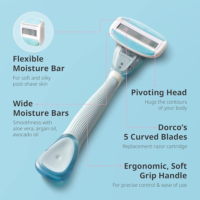 DORCO EVE5 Razor for Women, 1 Razor Handle and 4 Long-Lasting Blade Refills