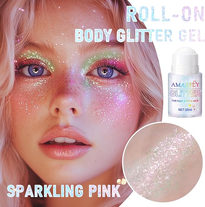 Roll-on Holographic Body Glitter Gel for Face and Hair, Chameleon Color Changing Glitter Gel Under Light, Chunky Mermaid Sequins Shimmer Makeup for Halloween Party Rave Accessories (Sparkling Pink)