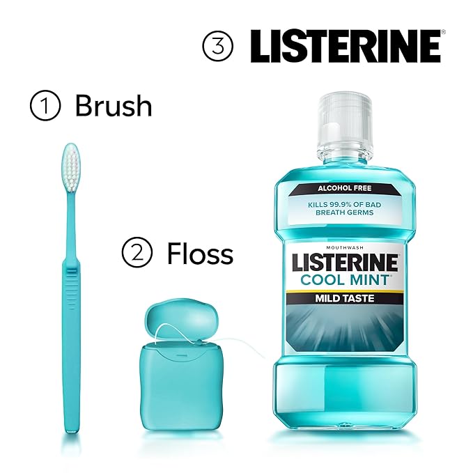Listerine Cool Mint Alcohol-Free Mild Mouthwash, Oral Rinse Kills 99.9% of Germs That Cause Bad Breath, Less Intense Taste, Mild Mint Flavor, 1 L (Pack of 2)