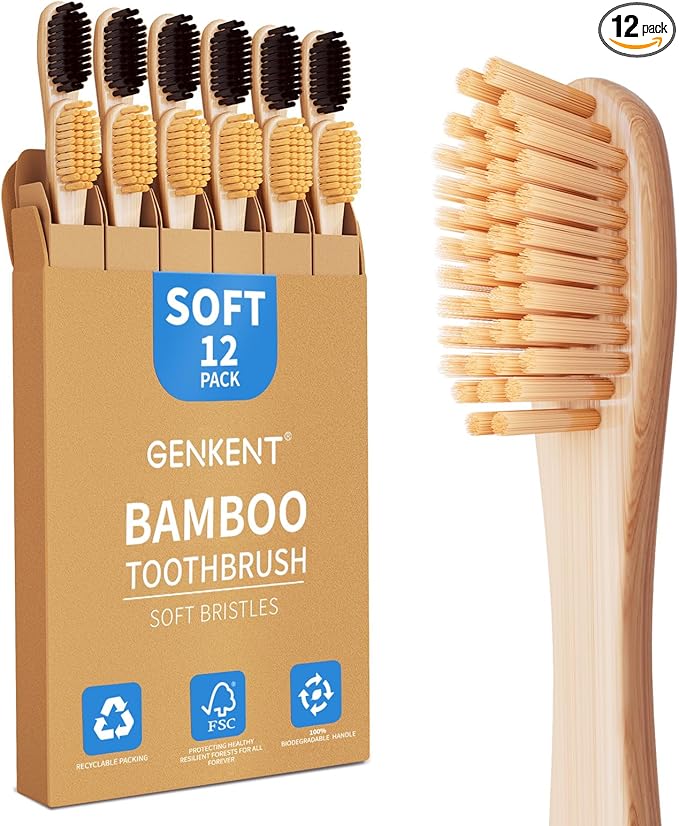 GENKENT Bamboo Toothbrushes 12 Pack Natural Toothbrushes BPA Free Soft Bristles Toothbrush Eco Friendly Charcoal Toothbrush for Travel