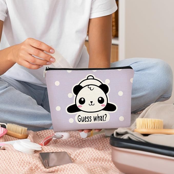 BARPERY Panda Gifts Purple Makeup Bag,Gifts for Panda Lover Wonmen Girls,Cute Baby Panda Guess What It's Pug Butt Cosmetic Bag,Makeup Case for Teen Girls Daughter, Panda Accessories(Purple Dots)