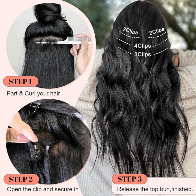 ALXNAN Clip in Long Wavy Hair Extension 24 Inch Chocolate Brown to Honey Blonde Hair Extensions 4PCS Thick Hairpieces Fiber Double Weft Hair for Women