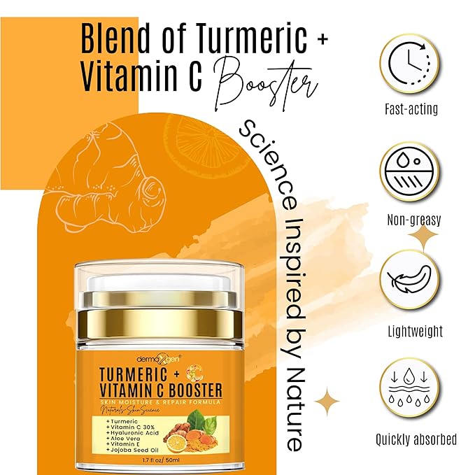 Dermaxgen Turmeric Face Cream with 30% Vitamin C – Glow Booster, Anti-Aging & Skin Repair Moisturizer for Dark Spots, Hydration & Radiance – Vitamin C Cream for All Skin Types (1.7 fl oz)