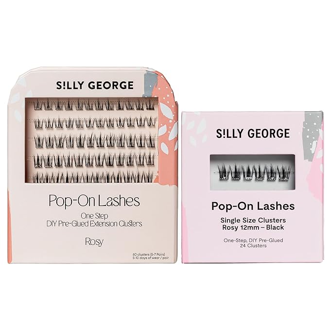 Silly George PopOn Lash 84 Cluster Pre-Glued Featherlight Bionic Silk 5 to 10 Day Wear Press-On Lash Bundle with 60 Pack MultiLength Plus 24 Pack Single Size Black Rosy 12mm